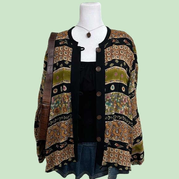 vintage 90s striped quirky boho whimsygoth rayon button up light weight shirt ja - Picture 1 of 8